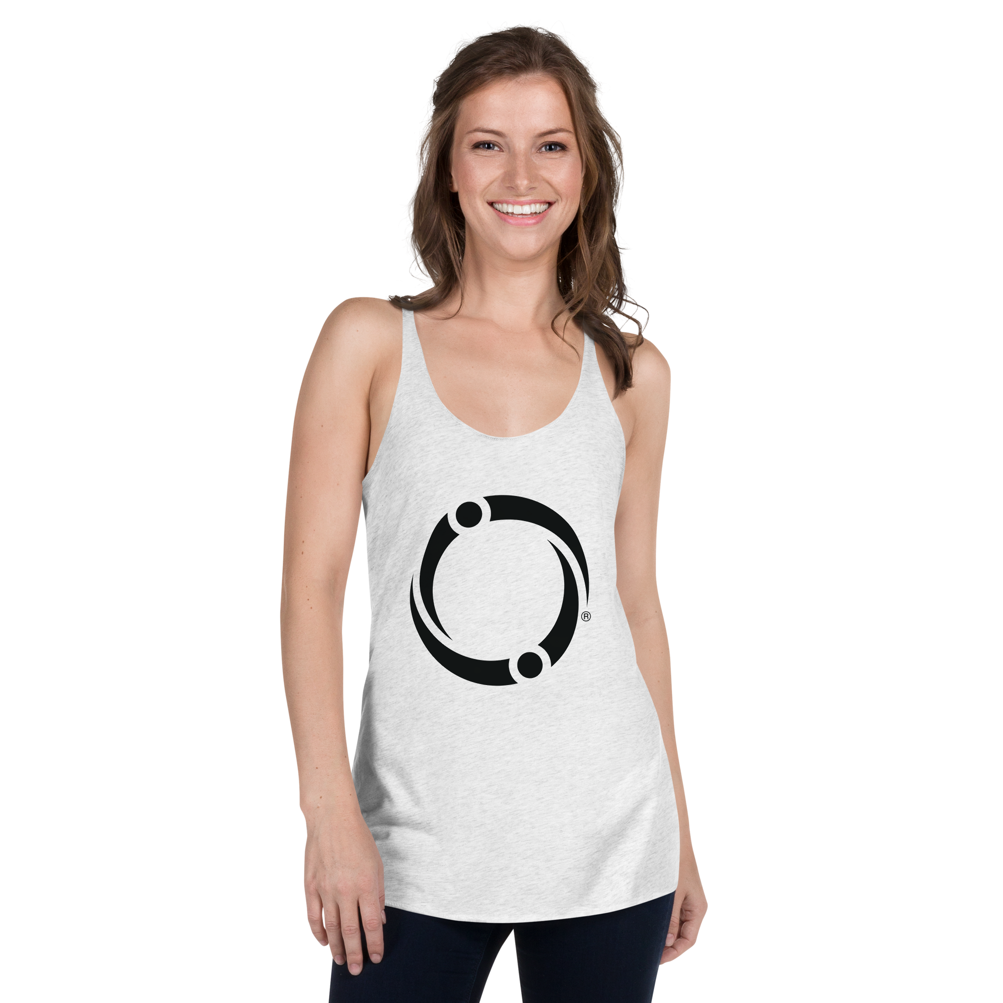 Embrace Forever women's racerback tank top — heather white with black symbol